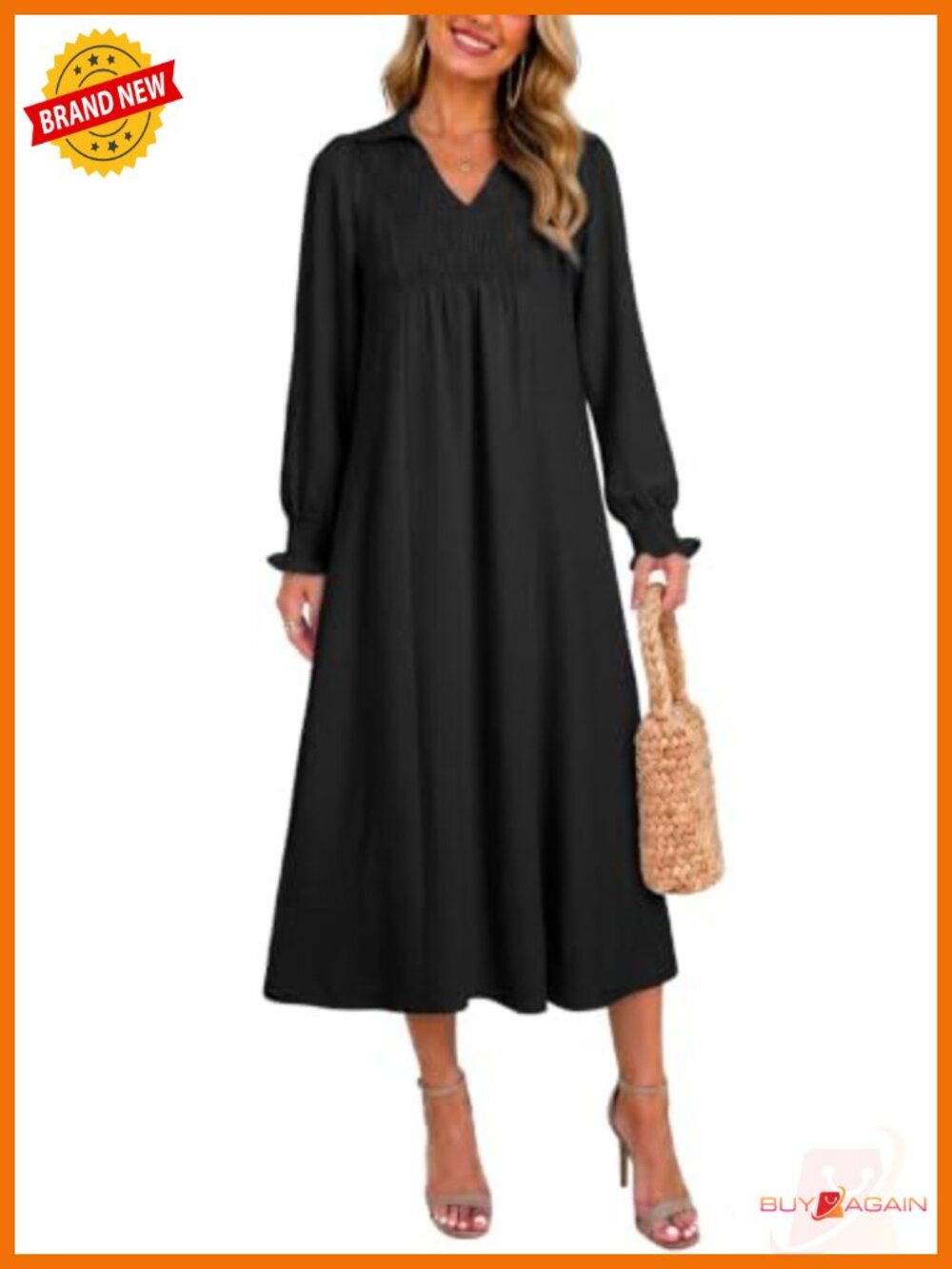 Womens V Neck Puff Long Sleeve Empire Waist Maxi Dress A-Line Flowy